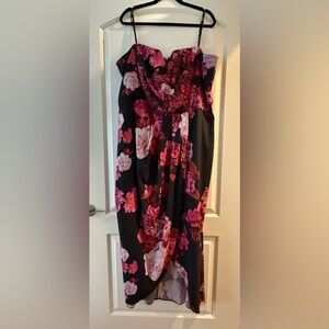 City Chic Black Floral Midi Dress with Pink & Red Blooms